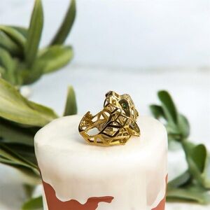 Gold Geometric Ring with Green Accent